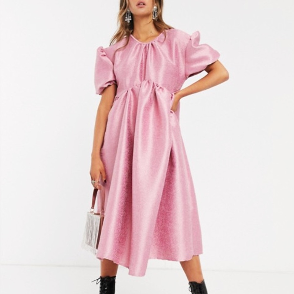 Sister Jane Pink Ruched Puff Sleeve Midi Dress